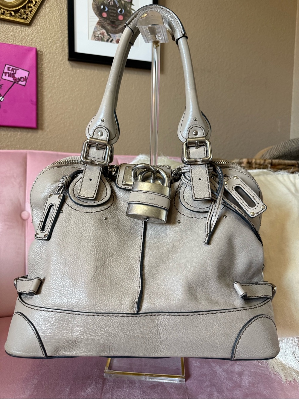 💯 Auth! Classic CHLOE  PADDINGTON Tan Leather  Handbag W Silver Tone Lock & Key - Picture 4 of 17